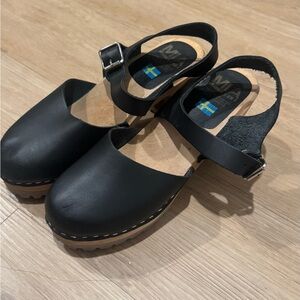 MIA Black Leather Clogs with Ankle Strap